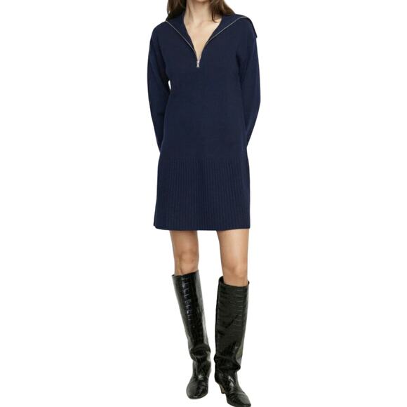 Modern Citizen Milly Zip Collar Navy Blue Sweater Dress Mini Split Sleeve L New - Picture 1 of 10